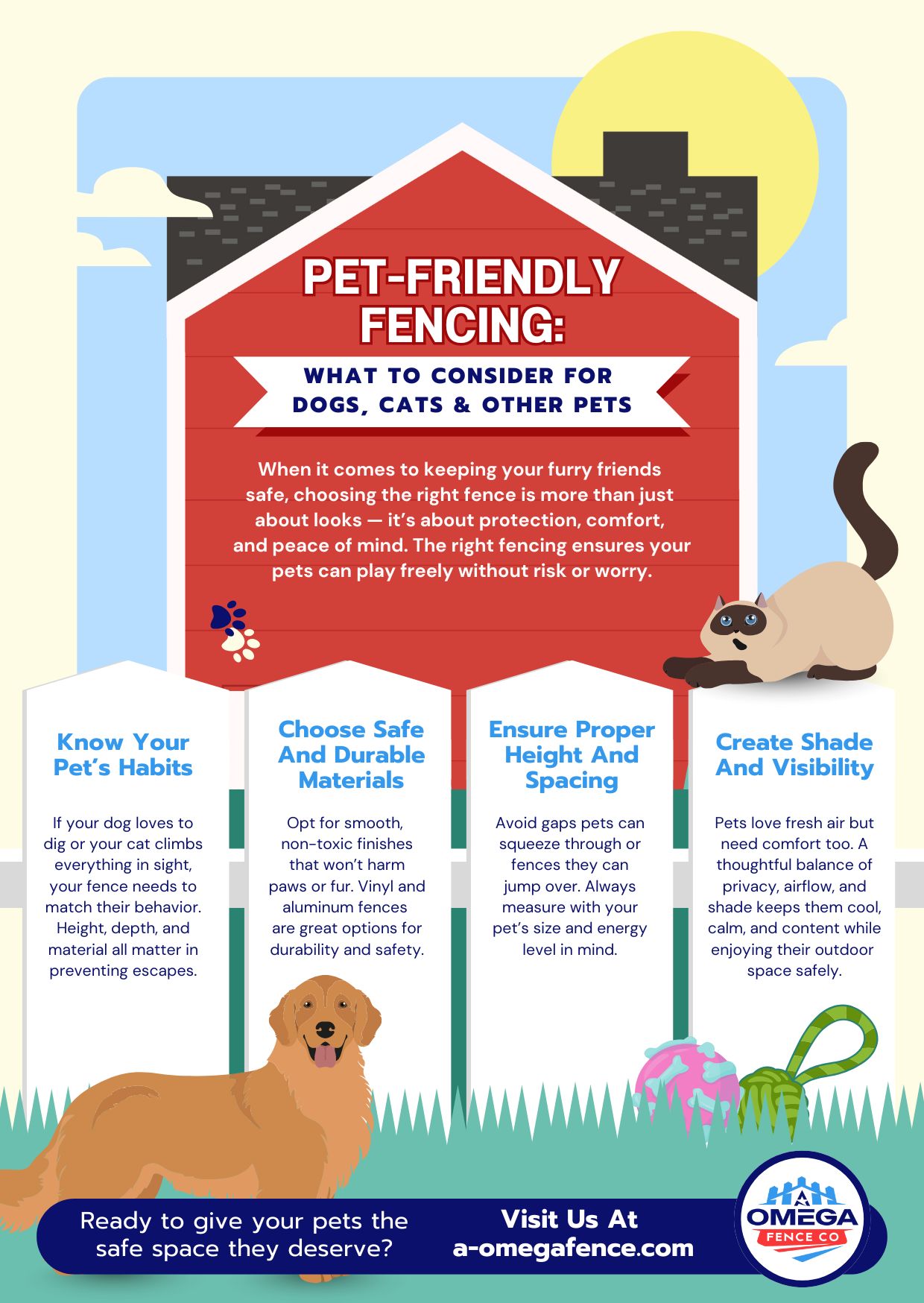 Infographic on pet-friendly fencing with tips for safety and comfort for dogs and cats.